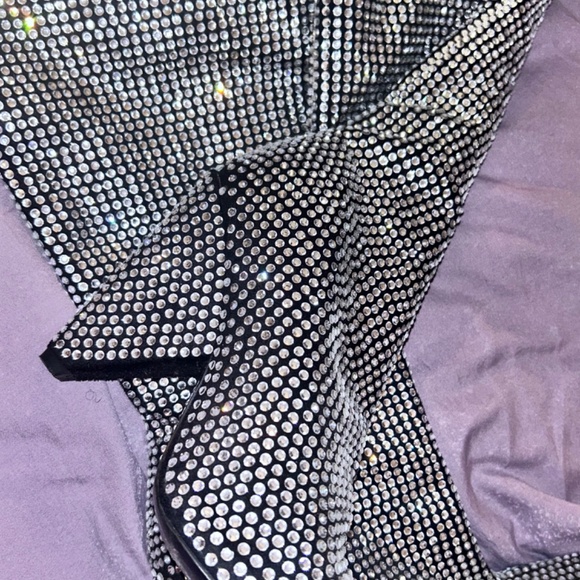 RHINESTONE EMBELLISHED CONE HEEL SLOUCHY BOOTS - Picture 9 of 12